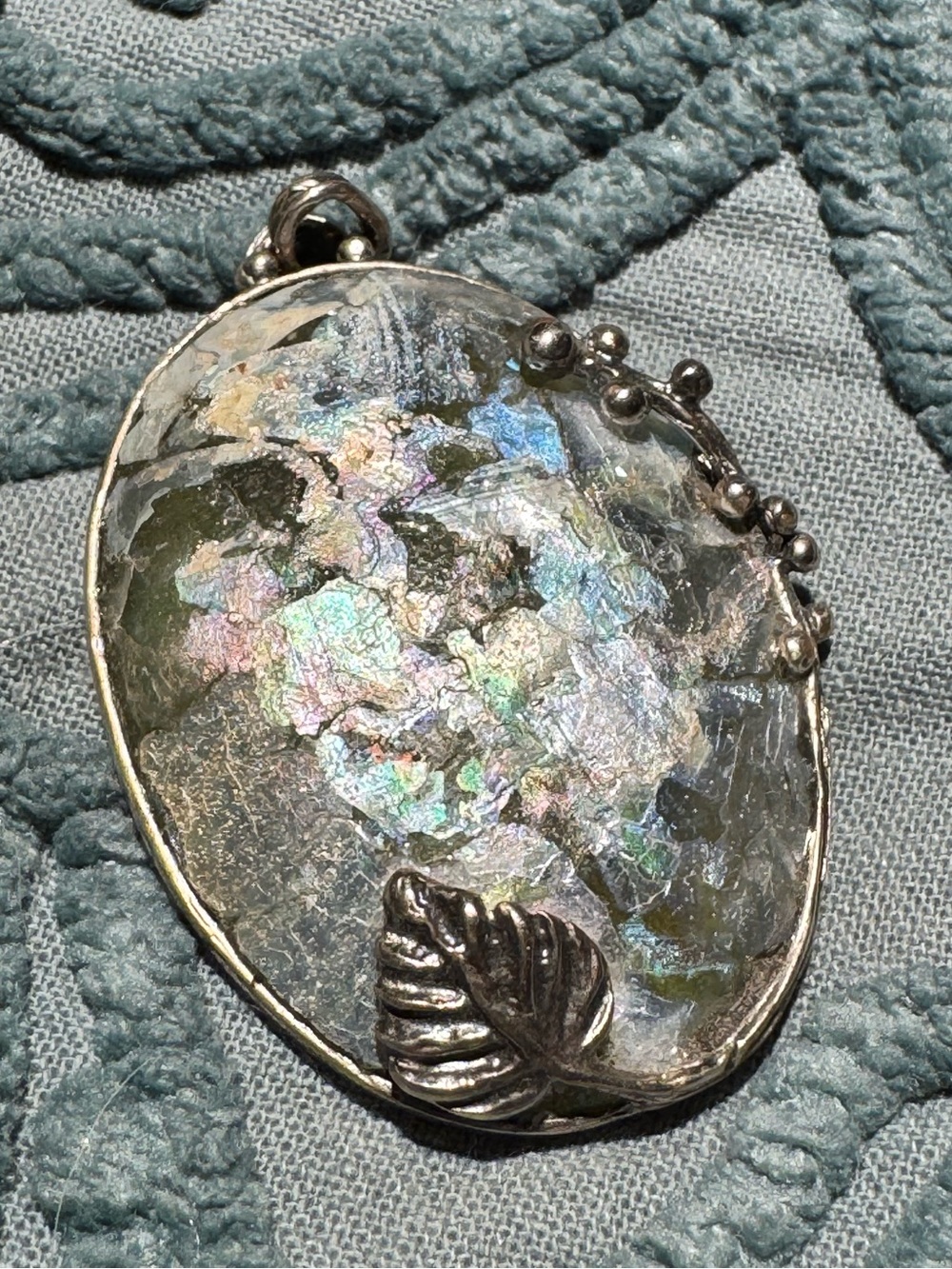 Roman Iridescent Glass .925 Sterling Silver Art Deco Pendant